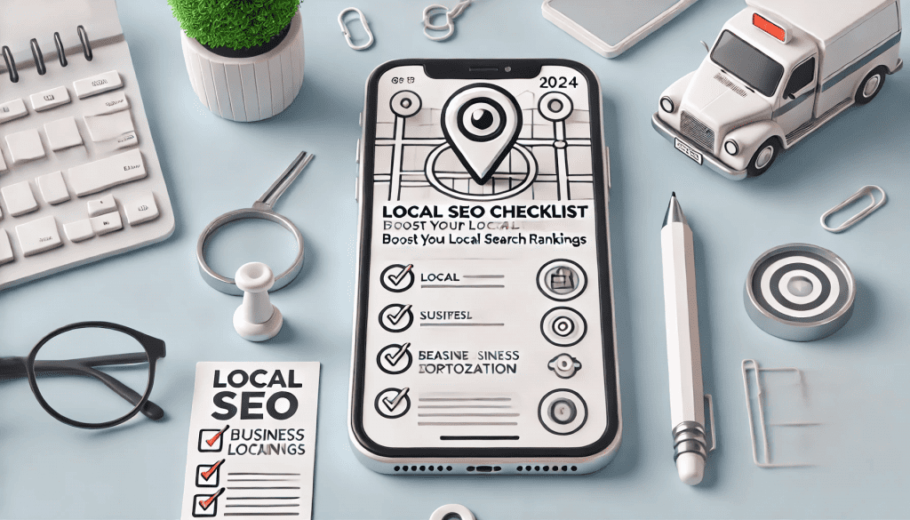DALL·E 2024 10 25 11.21.18 A banner image for a blog titled Local SEO Checklist 2024 Boost Your Local Search Rankings. It should feature a map pin icon on a mobile screen a